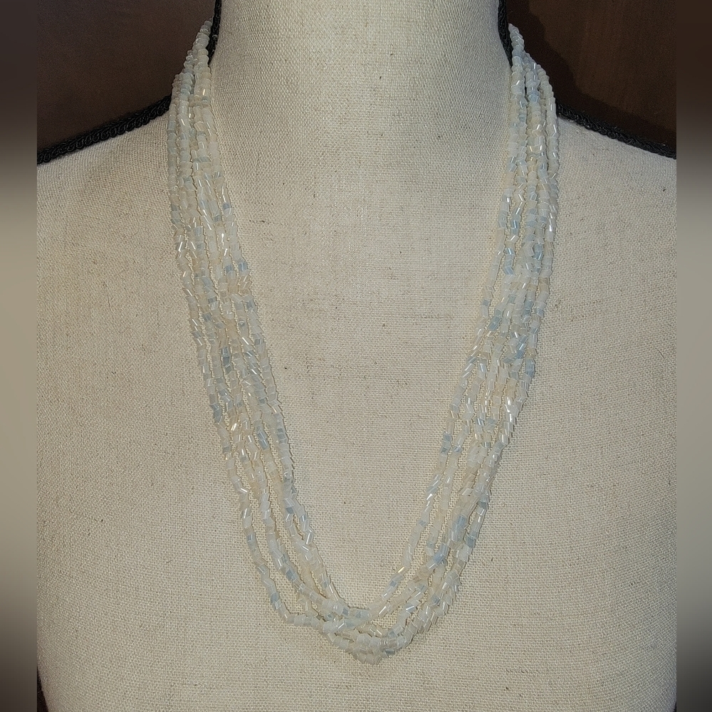 Vintage 6 Strand Opalescent White Glass Bead Necklace 24”